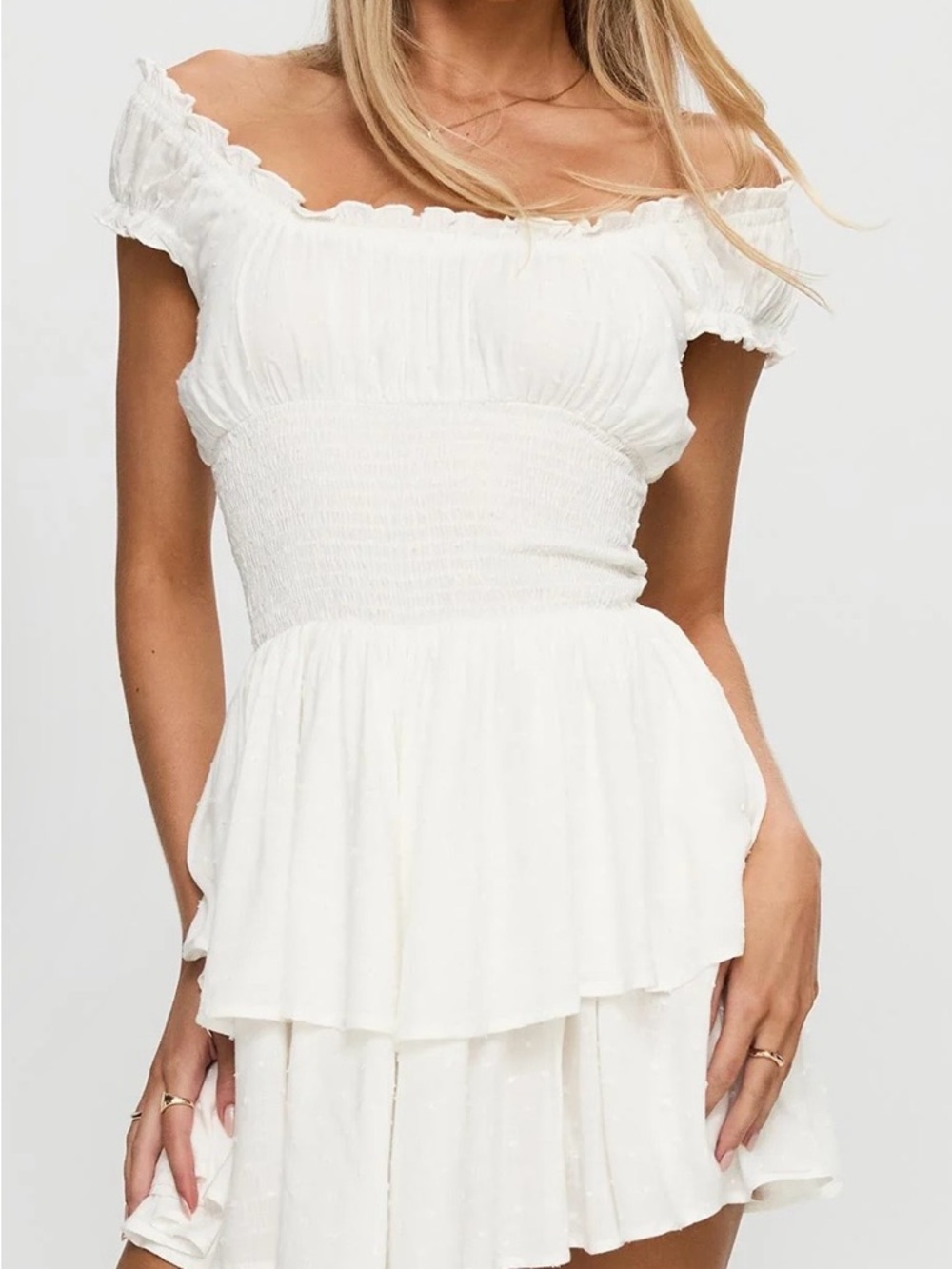 Princess Poly Cream Off Shoulder Ruffle Mini Dress Romper Build In Shorts Size 4